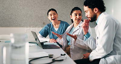 Buy stock photo Doctors, group and discussion for meeting at hospital in boardroom, laptop and planning for healthcare. People, medical professional and team with tech, feedback or wellness services at clinic