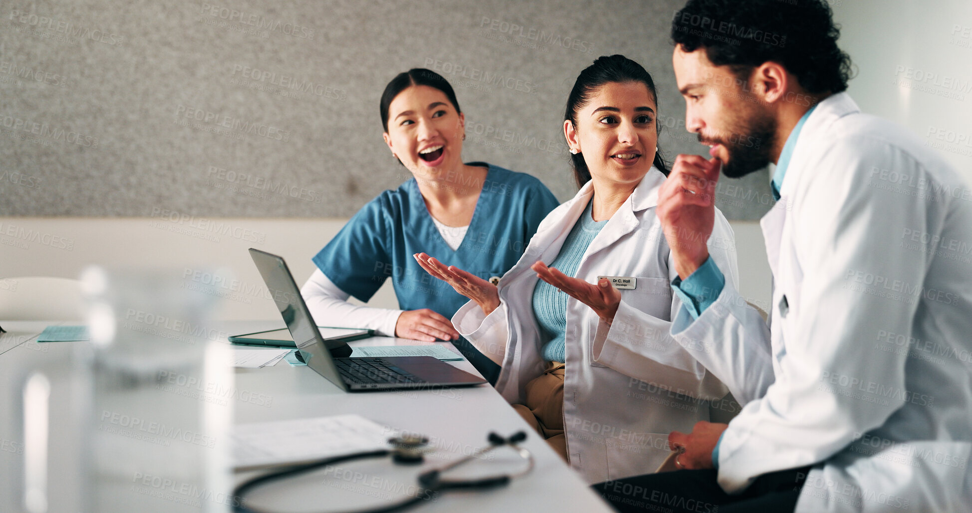 Buy stock photo Doctors, group and discussion for meeting at hospital in boardroom, laptop and planning for healthcare. People, medical professional and team with tech, feedback or wellness services at clinic