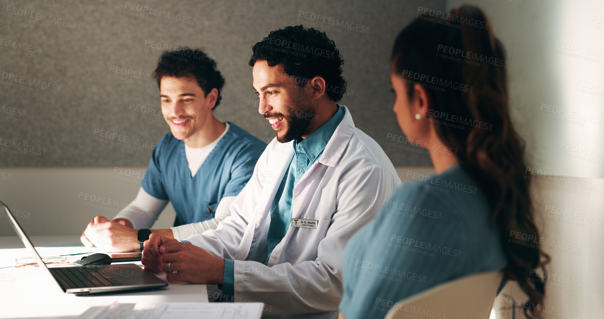 Buy stock photo Medical, consultation or people in hospital with laptop, progress update or optimism in treatment plan. Happy, patient or doctors with tech, health recovery or positive feedback in healthcare results