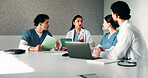 Hospital, team and doctors in meeting with tech for surgery schedule, treatment plan and advice. Healthcare, tablet and people with patient report for consulting, medical service and discussion
