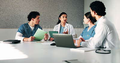 Buy stock photo Hospital, team and doctors in meeting with tech for surgery schedule, treatment plan and advice. Healthcare, tablet and people with patient report for consulting, medical service and discussion