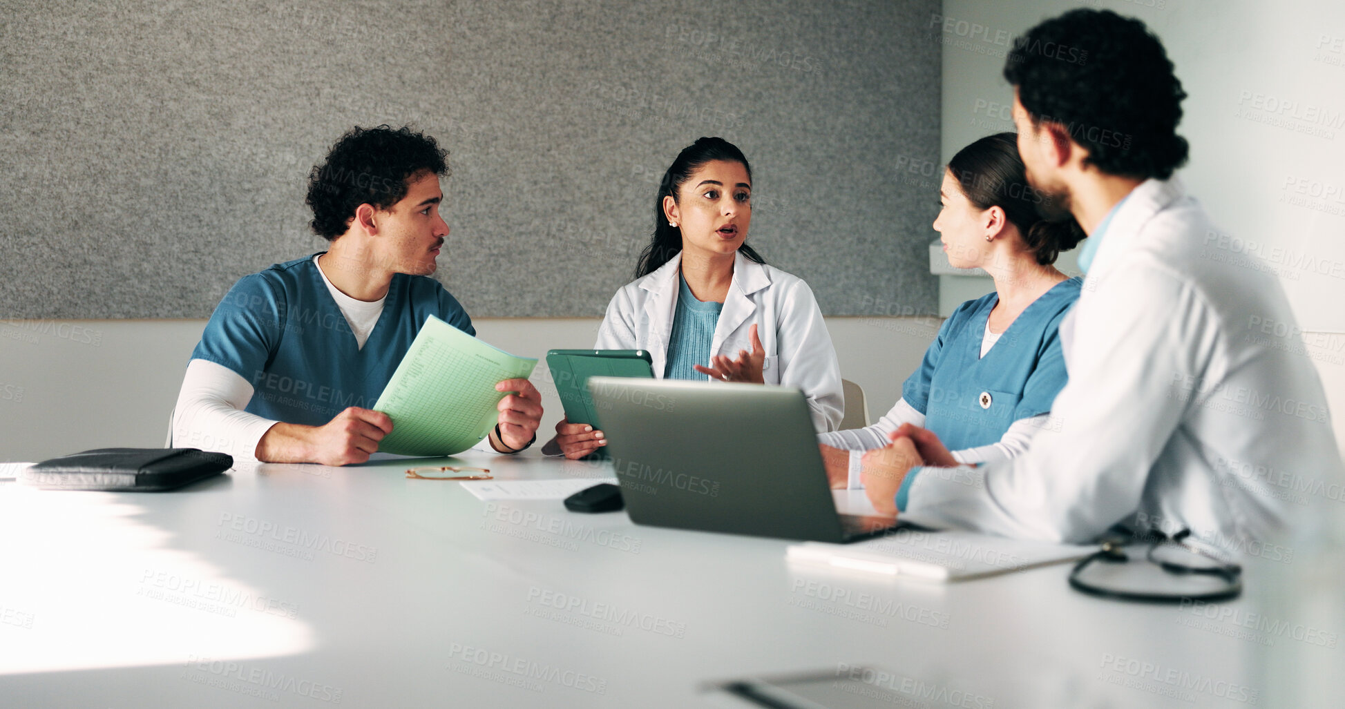 Buy stock photo Hospital, team and doctors in meeting with tech for surgery schedule, treatment plan and advice. Healthcare, tablet and people with patient report for consulting, medical service and discussion