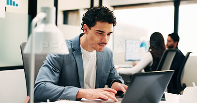 Buy stock photo Reading, research or man with laptop in office, claim investigation or renewal reminder for client. Review, evaluation or broker with pc for policy quote email, insurance case submission or coworking