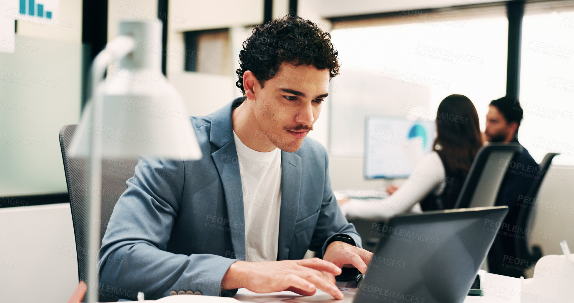 Buy stock photo Reading, research or man with laptop in office, claim investigation or renewal reminder for client. Review, evaluation or broker with pc for policy quote email, insurance case submission or coworking