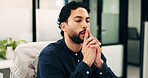 Businessman, thinking and office with decision for project planning, ideas or brainstorming. Thoughtful, man or employee contemplating with doubt for business tasks, choice or solution in workplace