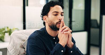 Buy stock photo Businessman, thinking and office with decision for project planning, ideas or brainstorming. Thoughtful, man or employee contemplating with doubt for business tasks, choice or solution in workplace
