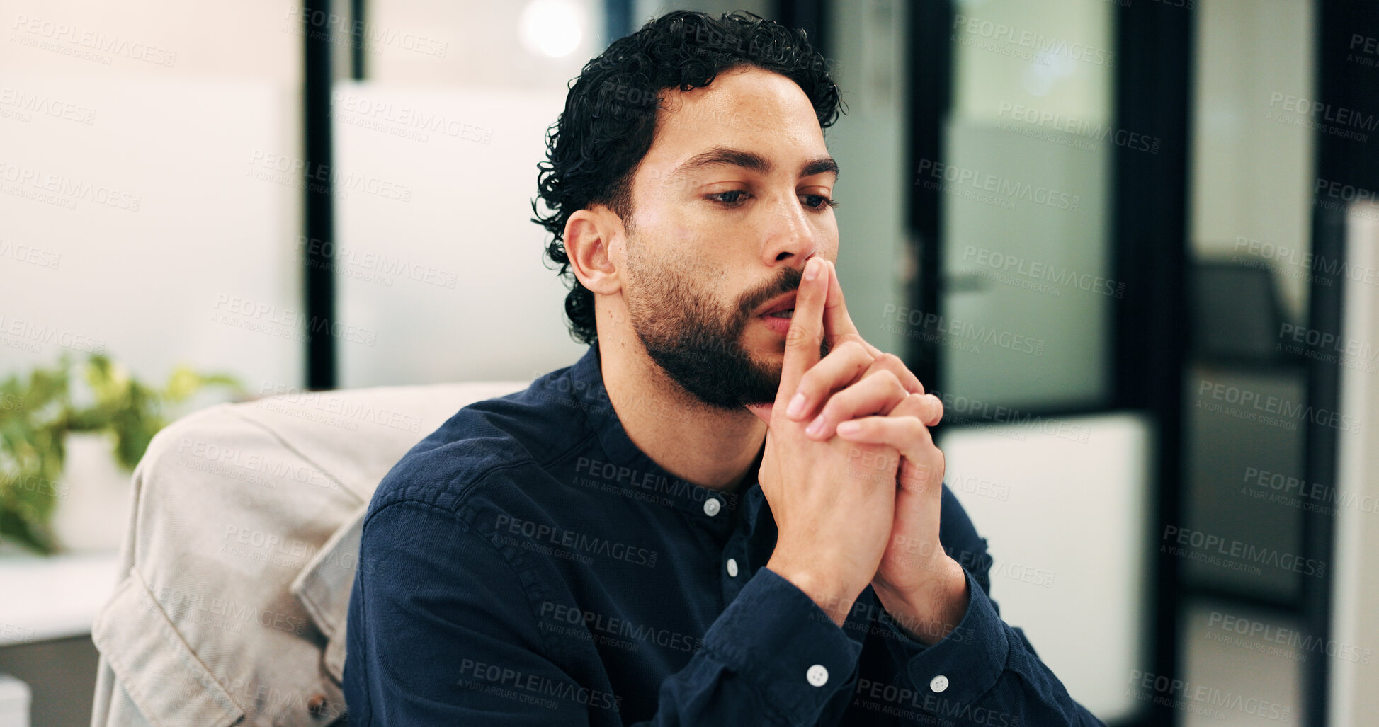 Buy stock photo Businessman, thinking and office with decision for project planning, ideas or brainstorming. Thoughtful, man or employee contemplating with doubt for business tasks, choice or solution in workplace