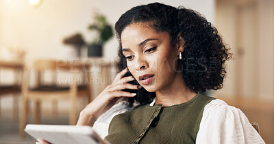 Buy stock photo Woman, reading and remote work in home with tablet, research and planning for creative blog article. Freelancer, person and review project in living room with tech, media publication and browsing.