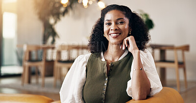 Buy stock photo Wellness, portrait and woman in house with day off, positive attitude or optimism on weekend break. Happy, space or person in home with good mood, confidence and satisfaction in Los Angeles.

