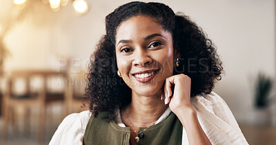Buy stock photo Wellness, portrait and woman in home with day off, positive attitude or optimism on weekend break. Happy, space or person in living room with good mood, confidence and satisfaction in Los Angeles.