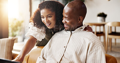 Buy stock photo Discussion, laptop or couple in house with plan, trip option or holiday selection on travel app. Happy, tech or African people with connection, vacation itinerary or resort decision on booking site.
