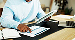 Tablet, documents and man in home for finance review, budget planning and audit for remote work. WFH, hands and person with paperwork, tech and research for financial report, accounting and revenue