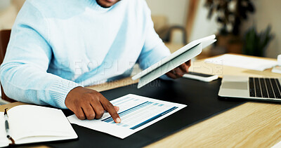 Buy stock photo Tablet, documents and hands of man in home for finance review, budget planning and remote work. WFH, audit and person with paperwork, tech and research for financial report, accounting and revenue