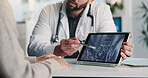 Doctor, hands and tablet screen with x ray, patient and review results for healthcare diagnosis. Tech, people and consultation with radiology scan, bone fracture and medical assessment in clinic