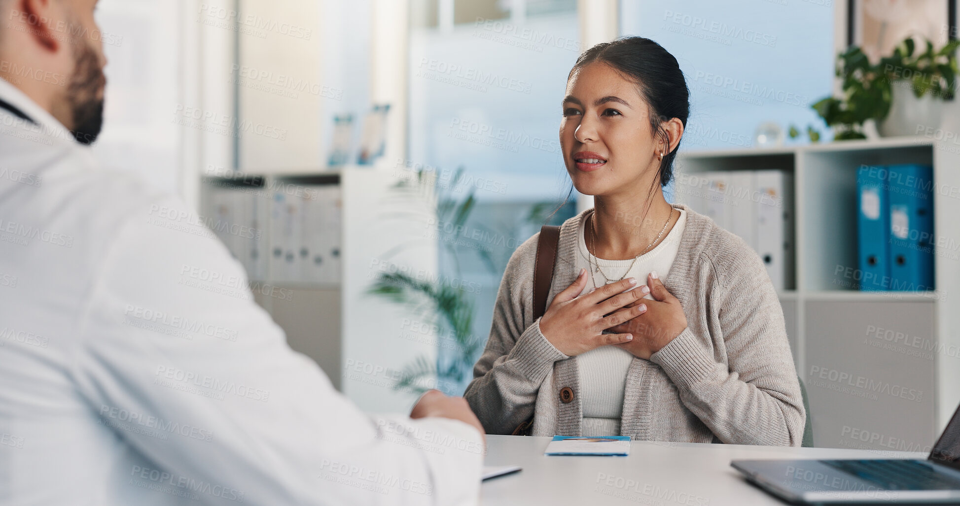 Buy stock photo Doctor, chest pain and consultation with woman for healthcare, hypertension symptoms or diagnosis. Cardiology, medical worker and patient with sore heart, illness evaluation or assessment in hospital