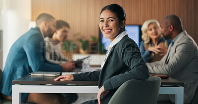 Buy stock photo Portrait, business and woman in meeting with smile, career pride and about us for accounting. Happy, female person and workplace with employees, positive attitude and confidence at investment company