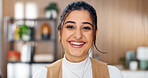 Creative, portrait and woman in home office with smile for social media, talent agent and about us. Freelancer, influencer marketing and person with career growth for pride, confidence or ad campaign
