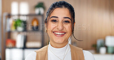 Buy stock photo Creative, portrait and woman in home office with smile for social media, talent agent and about us. Freelancer, influencer marketing and person with career growth for pride, confidence or ad campaign