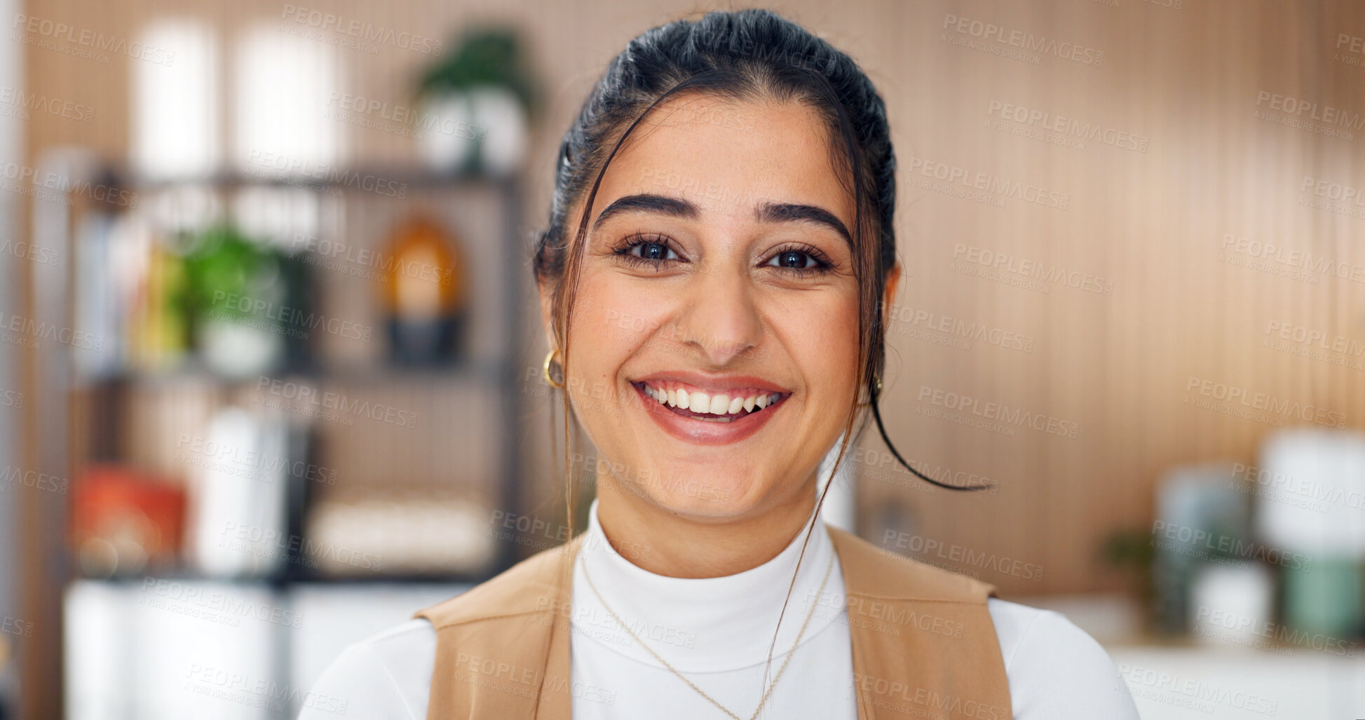 Buy stock photo Creative, portrait and woman in home office with smile for social media, talent agent and about us. Freelancer, influencer marketing and person with career growth for pride, confidence or ad campaign