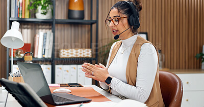 Buy stock photo Headset, laptop and woman in office for customer service, crm or online consultation with contact us. Mic, computer and female virtual assistant with query for call center, help desk or support.