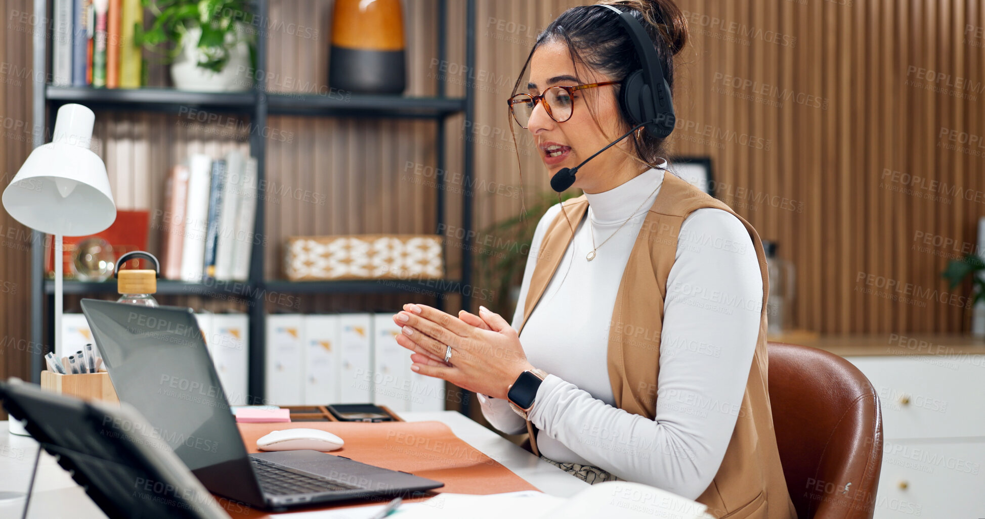 Buy stock photo Headset, laptop and woman in office for customer service, crm or online consultation with contact us. Mic, computer and female virtual assistant with query for call center, help desk or support.
