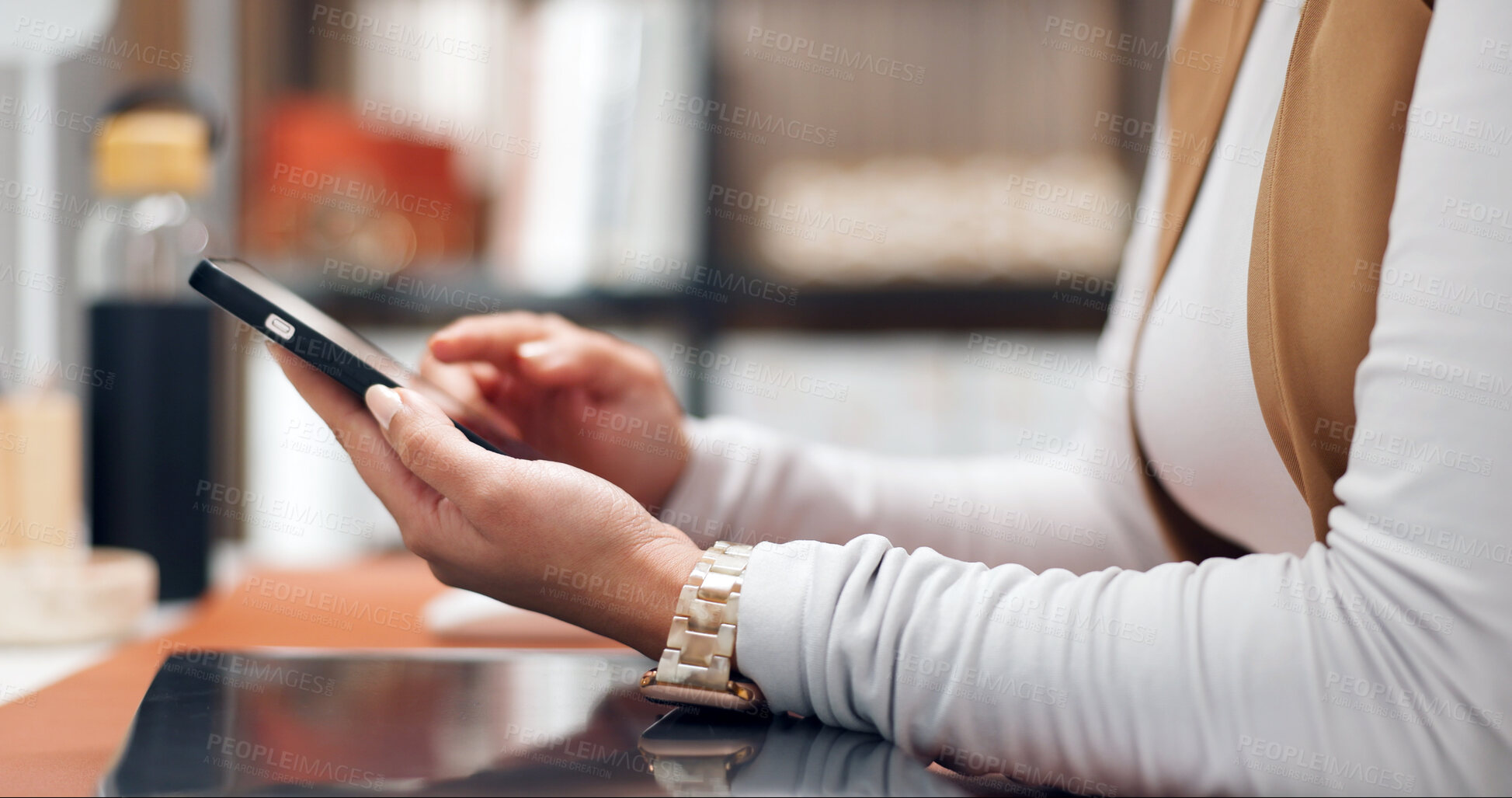 Buy stock photo Texting, online and hands with phone in home office, networking or communication with contact on web. Freelancer, message and chatting with mobile, internet connection and woman with tech in house