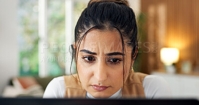 Buy stock photo Reading, online and woman with laptop in home office, digital marketing or planning for ad campaign. Freelancer, remote work and person with research, creative and brand awareness with tech in house