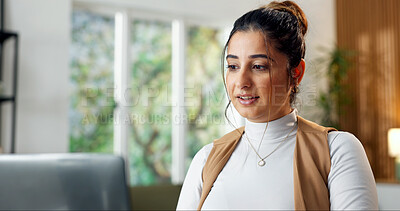 Buy stock photo Copywriting, online and woman with laptop in home office, proofreading or editing article on website. Freelancer, remote work and person with tech, email marketing and research for campaign in house