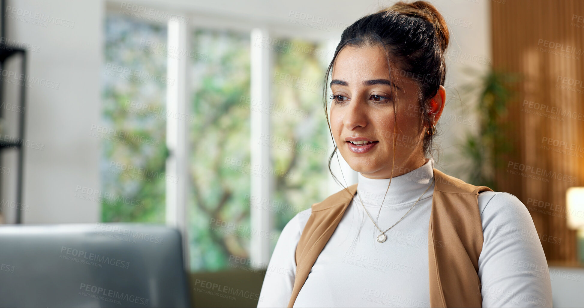 Buy stock photo Copywriting, online and woman with laptop in home office, proofreading or editing article on website. Freelancer, remote work and person with tech, email marketing and research for campaign in house
