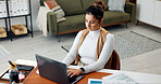 Laptop, home office and woman typing, remote work or review proposal for accounting budget. Computer, freelancer and person at house for financial taxes, expense evaluation or bookkeeping report