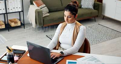 Buy stock photo Laptop, home office and woman typing, remote work or review proposal for accounting budget. Computer, freelancer and person at house for financial taxes, expense evaluation or bookkeeping report