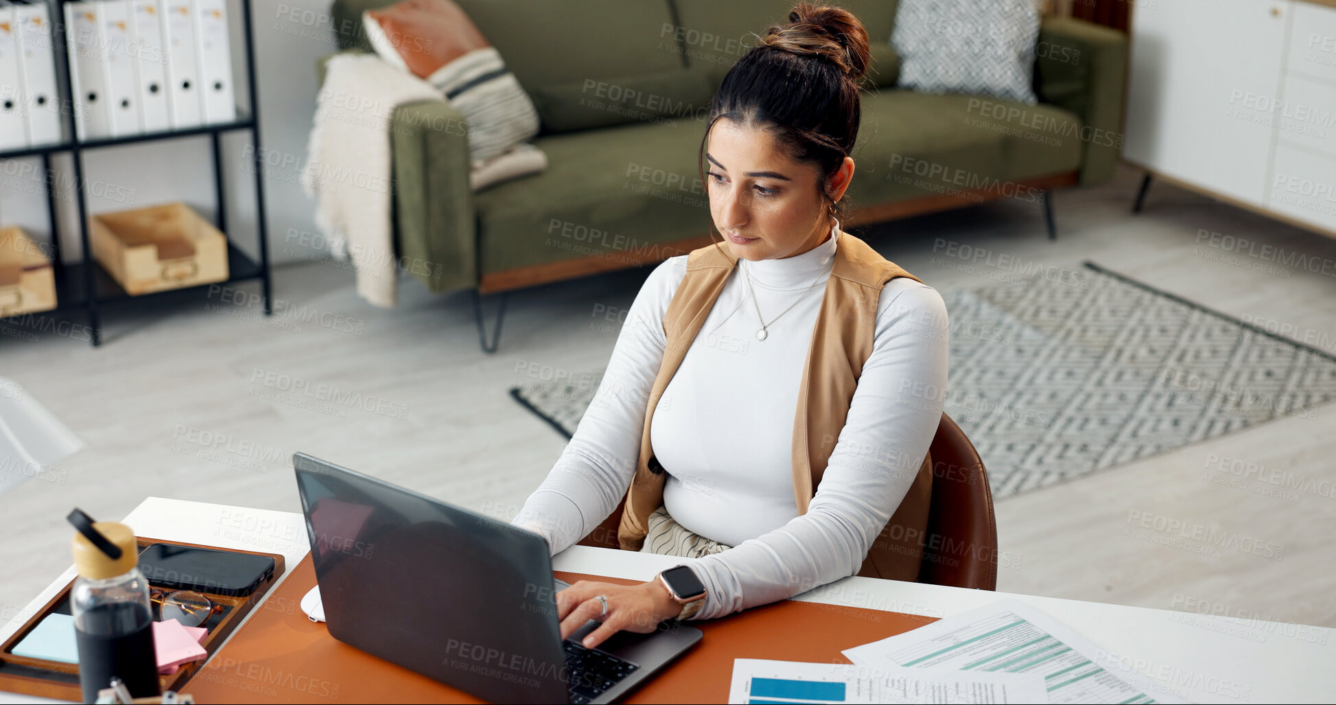 Buy stock photo Laptop, home office and woman typing, remote work or review proposal for accounting budget. Computer, freelancer and person at house for financial taxes, expense evaluation or bookkeeping report