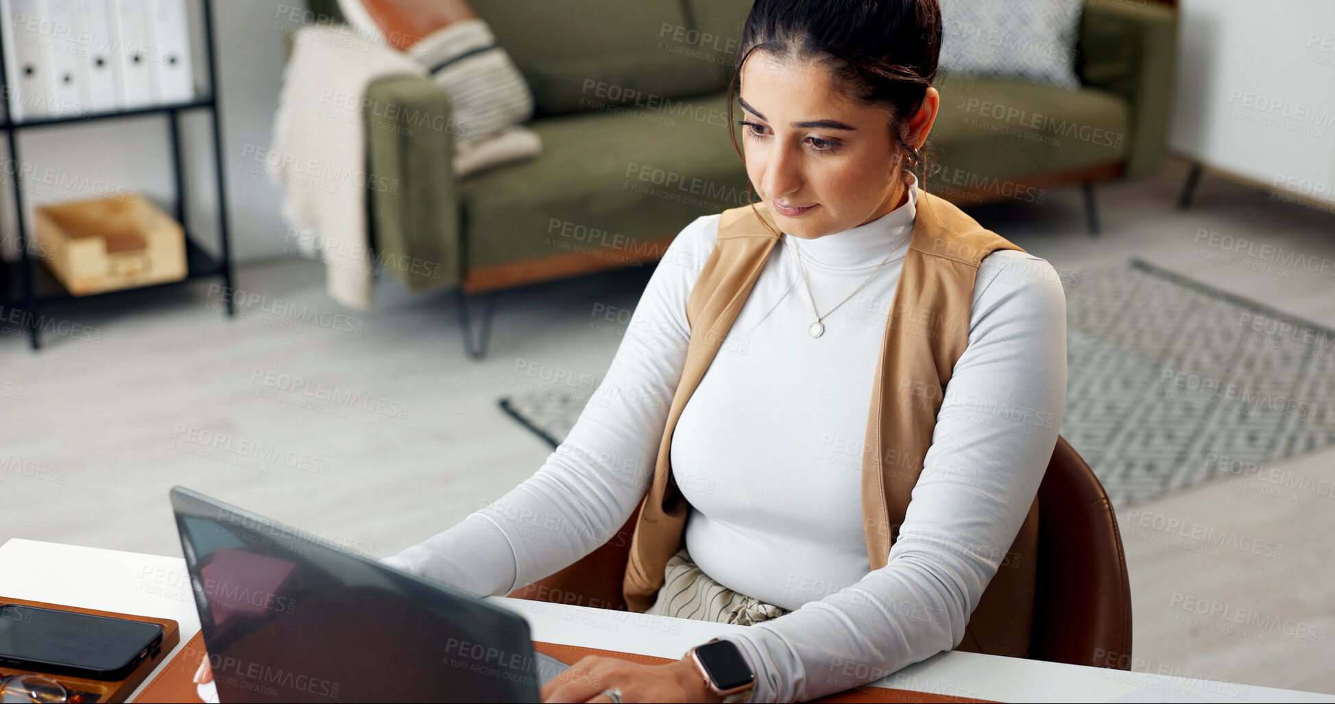 Buy stock photo Laptop, woman and reading in home office, remote work or review proposal for accounting budget. Computer, freelancer and person at house for financial taxes, expense evaluation or bookkeeping report