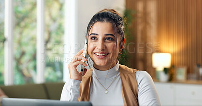 Buy stock photo Happy, woman and phone call in home office with laptop for social media, talent agent and communication. Freelancer, influencer marketing and person with tech for design, conversation or ad campaign