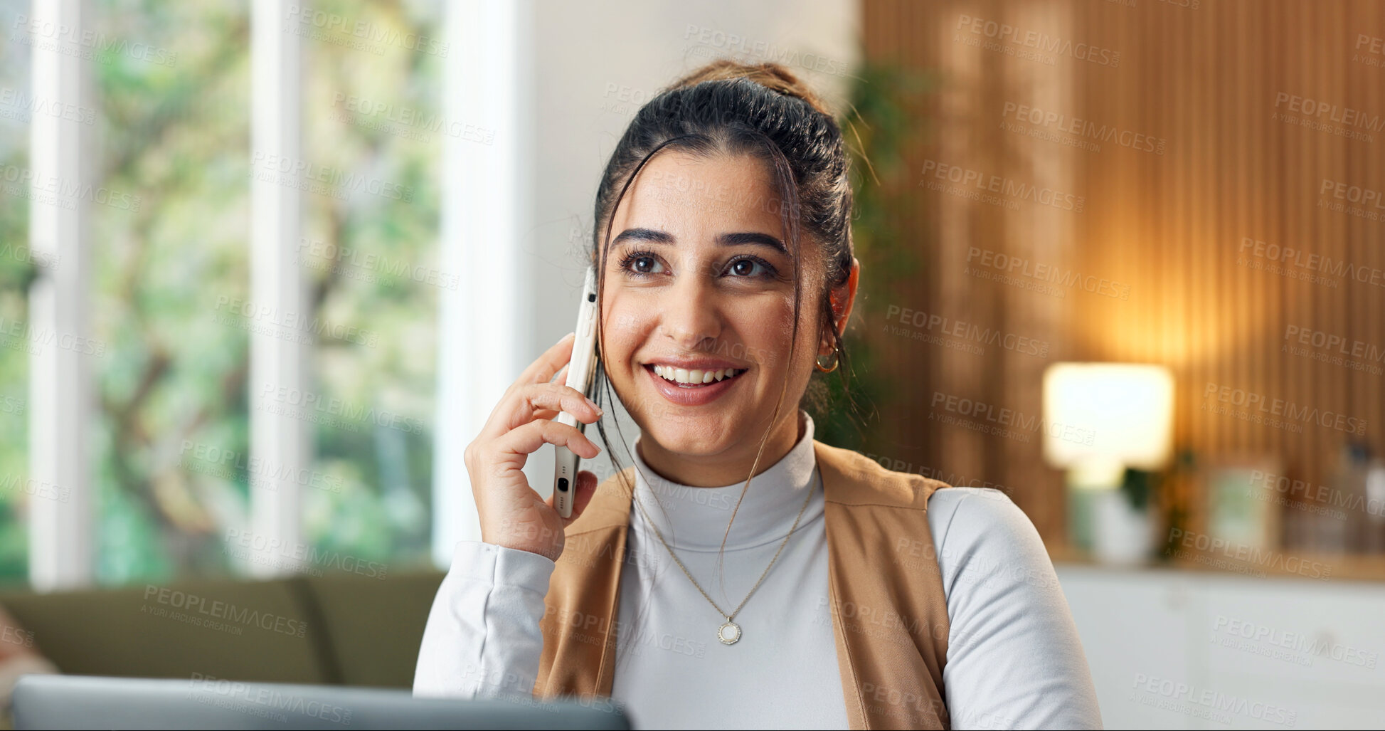Buy stock photo Happy, woman and phone call in home office with laptop for social media, talent agent and communication. Freelancer, influencer marketing and person with tech for design, conversation or ad campaign