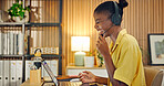 Call center, laptop and black woman in home office with headset, advisory or crm service in remote work. Happy, freelance or consultant with microphone, online inquiry or feedback in customer support