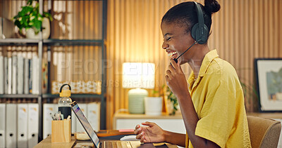 Buy stock photo Agent, laptop and black woman in home office with headset, advisory or crm service in remote work. Laugh, freelance or consultant with microphone, online inquiry or feedback in customer support