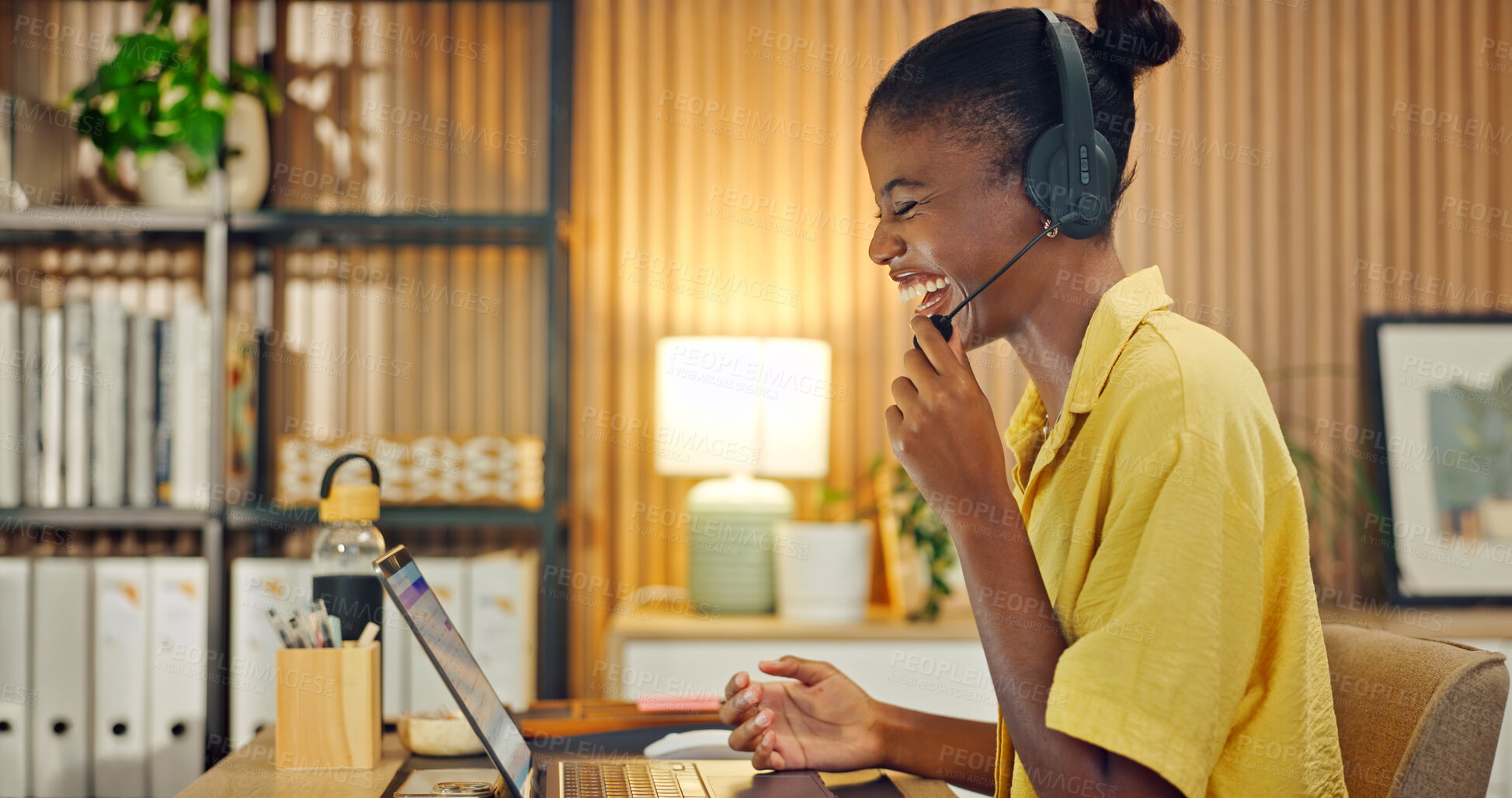 Buy stock photo Agent, laptop and black woman in home office with headset, advisory or crm service in remote work. Laugh, freelance or consultant with microphone, online inquiry or feedback in customer support