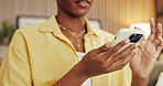 Digital, message and hands in house with phone, online communication and post reaction on social media. Typing, contact and woman in home with technology, texting update or chatting on virtual app.