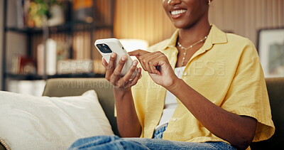Buy stock photo Digital, texting and hands on couch with phone, online communication and post reaction on social media. Smile, contact and woman in house with technology, message update or chatting on mobile app.