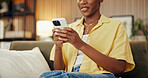 Digital, texting and hands on sofa with phone, online communication and post reaction on social media. Typing, contact and woman in house with technology, message update or chatting on virtual app.