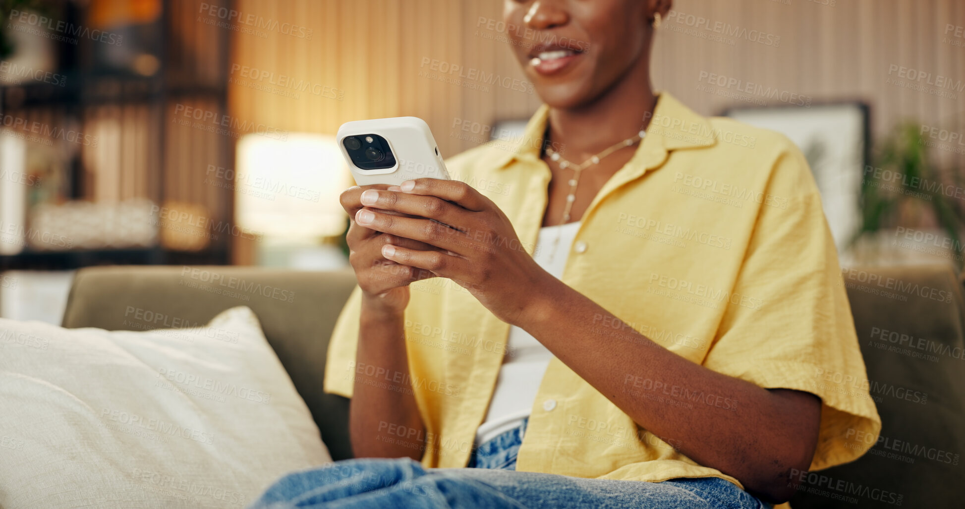 Buy stock photo Digital, texting and hands on sofa with phone, online communication and post reaction on social media. Typing, contact and woman in house with technology, message update or chatting on mobile app.