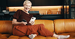 Phone, payment and mature woman with credit card for online shopping sale, eft transaction or savings. Happy, person and digital banking in home with fintech, ecommerce purchase and discount on app.