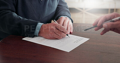 Buy stock photo Hands, old man and writing on document with advisor, guidance or form for retirement home. Person, consultant and signature in office with paperwork, application and agreement for elderly care