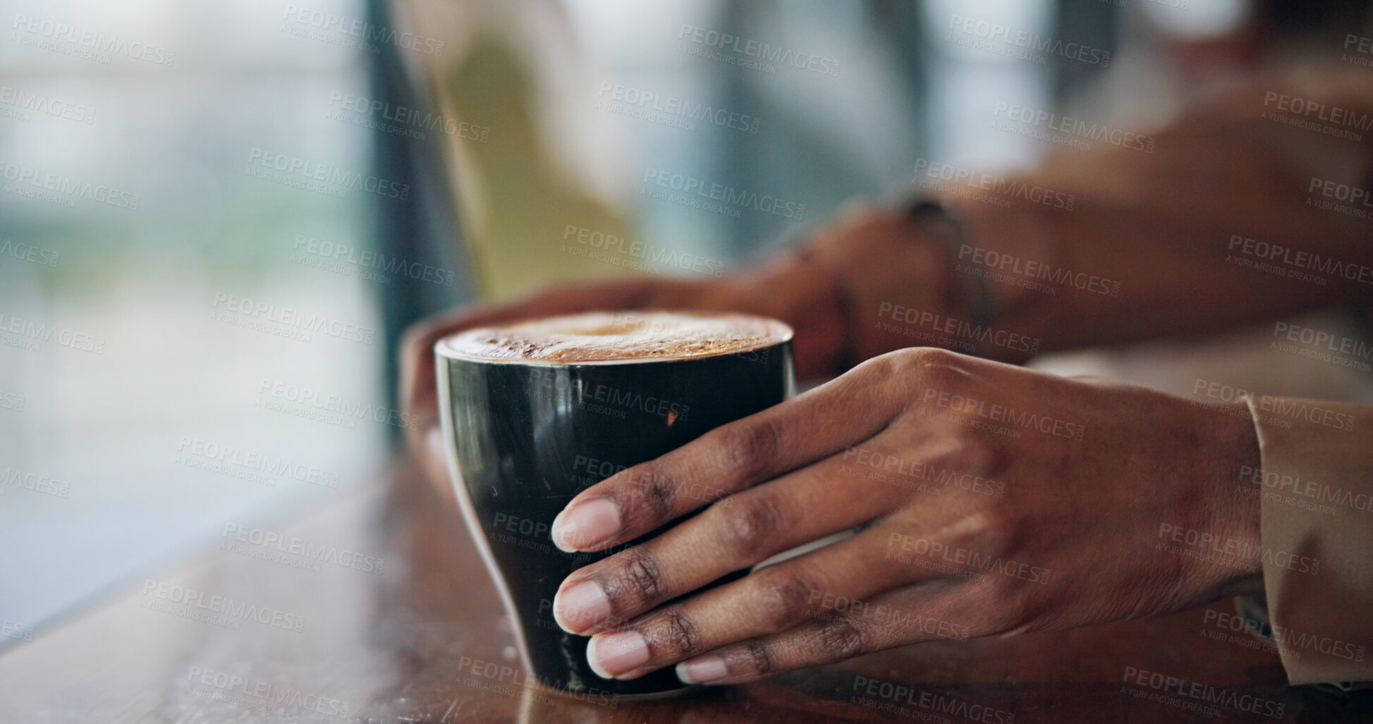 Buy stock photo Coffee shop, relax and hands of woman by window with drink for calm, wellness and customer in cafe. Restaurant, weekend and person with mug for latte, caffeine and cappuccino with reflection