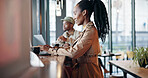 Reading, laptop and woman with remote work in cafe, surveillance report and client background check. Coffee shop, freelance and private investigator with pc for evidence collection, research or smile