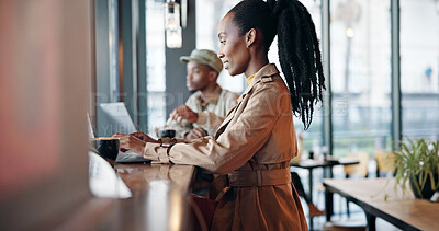 Buy stock photo Reading, laptop and woman with remote work in cafe, surveillance report and client background check. Coffee shop, freelance and private investigator with pc for evidence collection, research or smile