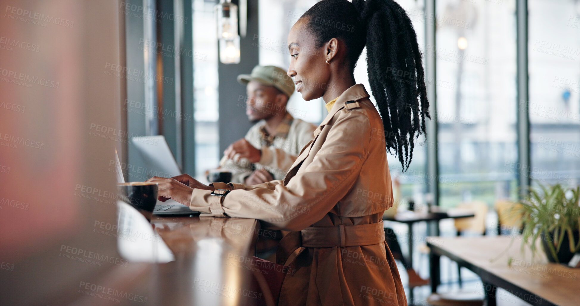 Buy stock photo Reading, laptop and woman with remote work in cafe, surveillance report and client background check. Coffee shop, freelance and private investigator with pc for evidence collection, research or smile
