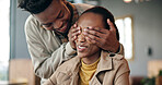 Surprise, love and couple in cafe with eyes closed, secret and guess for bonding, dating and care. Restaurant, happy and African man and woman for relationship, connection and romance in coffee shop