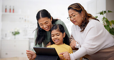 Buy stock photo Grandmother, child and mom with tablet for family bonding, generations play game or learning in home. Happy people, grandma and mother in house with girl, tech or educational website for development.